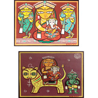 Adventures *Parvati-Ganesh*- Two Paintings by Jamini Roy, Set of 2 Wall Dcor Frame. Canvas Print stretched on Pinewood Frame. Size 14x18 each.