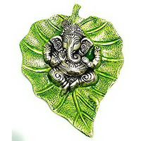 Prince Home Decor & GiftsMulticolour Handmade Decorative Feng Shui Metal Pan Leaf Hanging Ganesh Ji Statue (Silver Green)