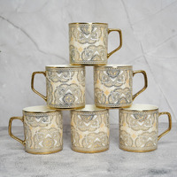 Femora Luxury Mehendi Craft Ceramic Tea and Coffee Mugs, (180 ml, Golden) - 6 Pcs Set (NOT Microwave Safe)