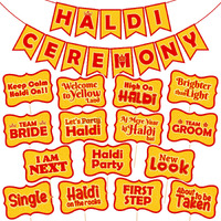 Zyozique 15 Pcs Mehandi Props for Photoshoot & 1 Pcs Haldi Ceremony Paper Banner Haldi Props for Bride and Family Haldi for Haldi Ceremony Mehendi Backdrop Decoration (Pack of 16)