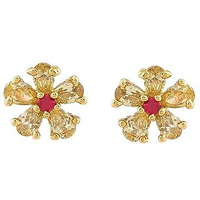 Estele 24kt Gold Plated Topaz Pears Stud Earrings with Ruby Crystals for Women