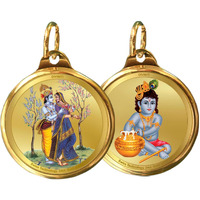 Diviniti 24K Double sided Gold Plated Pendant Radha Krishna & Bal Gopal 22 MM Flip Coin for Men Women and children Religious locket for Good Health & Wealth Idol for gifting love ones