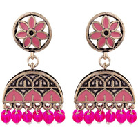 Voylla Oxidised Silver Plating Brass Rangabati Pink Embellishments Jhumkis Earrings for Women