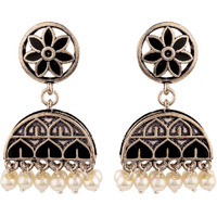 Voylla Oxidised Silver Plating Brass Rangabati Black Embellishments Jhumkis Earrings for Women and Girls