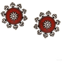 Voylla Silver Oxidised Plating Brass Moksha Antique Style Round Earrings with Red Studs for Women and Girls