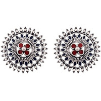 Voylla Ethnic Silver Oxidised Plating Brass Mandala Design Floral Stud with Red Stone Enamelled Oxidized Round shaped Stud Earrings for Women and Girls