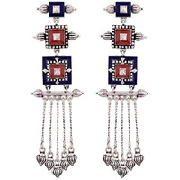 Voylla Brass Silver Oxidised Mandala Layered Square Design Tassels Earrings for Women and Girls