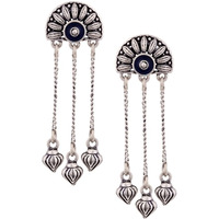 Voylla Traditional Oxidised Silver Plating Brass Mandala Half Moon half circle Floral Design Oxidized Long Tassels Dangle & Drop Earrings for Women and Girls