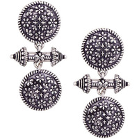 Voylla Traditional Oxidised Silver Plating Brass Oxidized Round Geometric Pattern Floral Boho Style Floral Dangle Earrings for Women and Girls