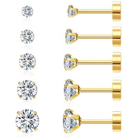 SANNIDHI 5 Pairs Earrings for Women Flat Back Gold Cartilage Stud Earrings Cubic Zirconia 316L Stainless Steel Earrings Hypoallergenic Nickel-Free Earrings - 3/4/5/6/8mm