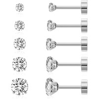 SANNIDHI 5 Pairs Earrings for Women Flat Back Cartilage Stud Earrings Cubic Zirconia 316L Stainless Steel Earrings Hypoallergenic Nickel-Free Earrings - 3/4/5/6/8mm, Silver