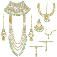 Peora Ethnic Indian Traditional Gold Plated Kundan Dulhan Bridal Jewellery Set with Choker Earrings Maang Tikka Hathphool for Women (Mint)