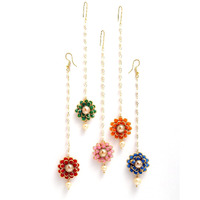 Gold-Plated Pink-Green-Orange-Red-Blue AD with Pearls studded Flower Shaped MaangTikka (Combo Of 5) (Style_01)