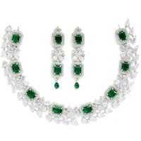 ZENEME Rhodium-Plated with Silver-Toned Green and White American Diamond Studded Necklace and Earrings Jewellery Set (Green) For Women