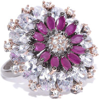 Priyaasi Trendy Purple & White American Diamond Ring for Women | Silver-Plated | Stone Studded | Oversized Floral Design | Adjustable Fit | Cocktail Ring for Girls