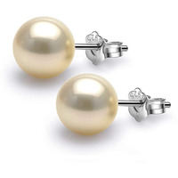 HIGHSPARK 925 Silver Classic Pearl Earrings for Women | 92.5 Sterling Silver & Brilliant Lustre Pearls | Lovely Gift for Women - Pearl Light Gold 8mm