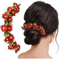 Temperia Hair Accessories For Womens & Girls -Stylish Red Rose Artificial Flowers Bun Juda Bridal Brooch & Braid For Hairstyle & Decoration - Pins & Clips For Style Of Bride, Wedding & Party (Mn106)