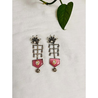 Silver oxidized dangle earring | Pink stone hanging earring | Indian jewelry