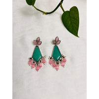 Stunning multicolor chandelier earring | Silver oxidized Indian earring in green and pink stones | Indian jeelry