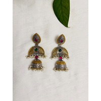 Dual tone Jhumkas | Silver and golden long earring with green and pink stone | Indian jewelry