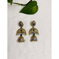 Dual tone Jhumkas | Silver and golden long earring with blue stone | Indian jewelry