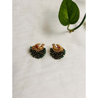 Green beads and golden antique studs ith matte finish | Indian golden earring ith peacock