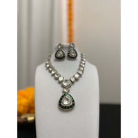 Pachi kundan green pendant and earring | Moissanite necklace set with victorian finish