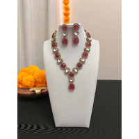 Moissanite fusion necklace set | Victorian finish polki and red stone necklace earring set | Y-shaped necklace