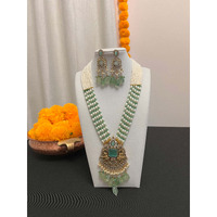 Beads stranded necklace earring set | Rani haar necklace set | Long mala necklace | Antique big stone pendant and earring | Multilayered green beads necklace