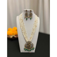 Radha Krishna long mala | Stranded beads necklace with victorian finish | Green stone necklace set