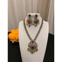 Moissanite victorian finish necklace set ith green and pink stones | Peacock necklace set