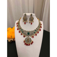 Victorian finish choker ith Maa Laxmi motif necklace set | Red and green stones necklace earring set | Choker / bib necklace