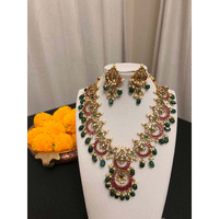 Jadau kundan necklace earring set | Chandbali design necklace set ith victorian finish | Green and pink stone