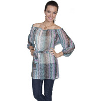 Scully E78-AQU-M Off The Shoulder Tunic With Sash, Aqua - Medium