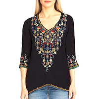 Private Garden Embroidered Tunic Tops In Vivid Colors, 2x-Large/Black