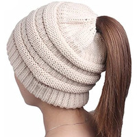 Vista Shops Pony Beanie Super Cute Cable Knit Hat, A-Beige