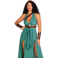 Leg Avenue Women's 4 Pc Warrior Maiden Costume with Gauze Cut Out Dress, Shoulder Harness, Headband, Arm Cuffs, Green, Small