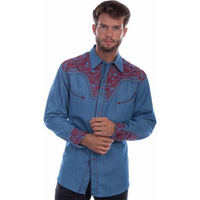 Scully Mens Blue/Cranberry Polyester Tooled Floral L/S Shirt L