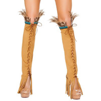 Roma Costume Halloween Party Women's Lace up Suede Leg Warmer with Feather and Fringe Detail Brown - One Size