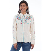 Scully Women's Multi-Color Embroidered Rodeo Long Sleeve Western Shirt Cream Large