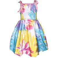 AnnLoren Big Little Girls Pastel Tie Dye Smocked Spaghetti Strap Summer Swing Dress Pink, Blue, Yellow 2-3T