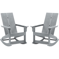 Flash Furniture Finn Modern Commercial Poly Resin Wood Adirondack Rocking Chair - All Weather Gray Polystyrene - Dual Slat Back - Stainless Steel Hardware - Set of 2