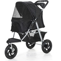 Three Wheel Folding Pet Stroller, Dog Jogger Travel Cats Carrier Adjustable Canopy Storage Brake Mesh Window (Black)