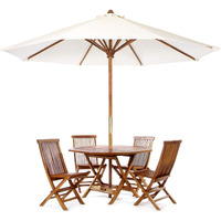 All Things Cedar TT6P-O-R 6-Piece Teak Octagon Patio Dining Set - Table and 4 Chairs for Outdoor Events | Backyard Furniture with Umbrella Hole | Brass Grommet & Cap | Red Umbrella