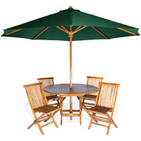 All Things Cedar TT6P-R-G 6-Piece Teak Round Patio Dining Set - Table and 4 Chairs for Outdoor Events | Backyard Furniture with Umbrella Hole | Brass Grommet & Cap | Green Umbrella