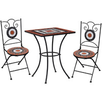 vidaXL Mosaic Bistro Set, 3 Pieces - Stylish Ceramic Tile Patio Furniture in Terracotta and White - Powder-Coated Iron Frame, Sturdy and Durable Design.