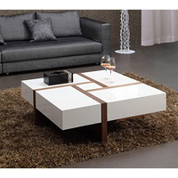 HomeRoots White, Walnut Veneer, MDF, Metal Modern White and Walnut Square Coffee Table with Storage