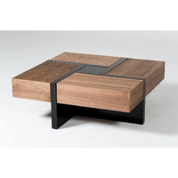 HomeRoots Walnut, Black Veneer, MDF, Metal Modern Walnut and Black Square Coffee Table with Storage