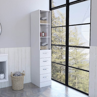 HomeRoots Particle Board White Bathroom Storage Cabinet with Glass Door and Sliding Drawers