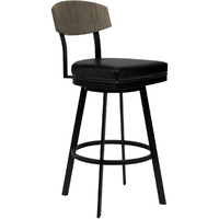 HomeRoots Vintage Black Faux Leather 30" Black Faux Leather Black Metal and Gray Walnut Open Back Swivel Bar Stool